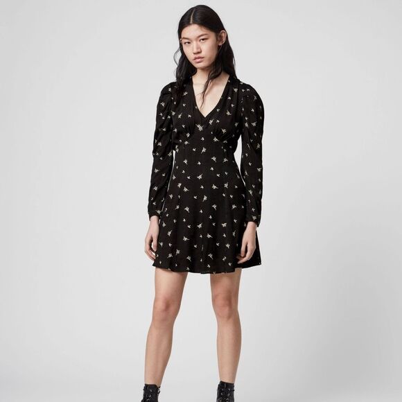 ALLSAINTS Rosi Embroidered Mini Dress Grunge Floral Long Sleeve V-Neck Crepe 4 - Picture 1 of 12